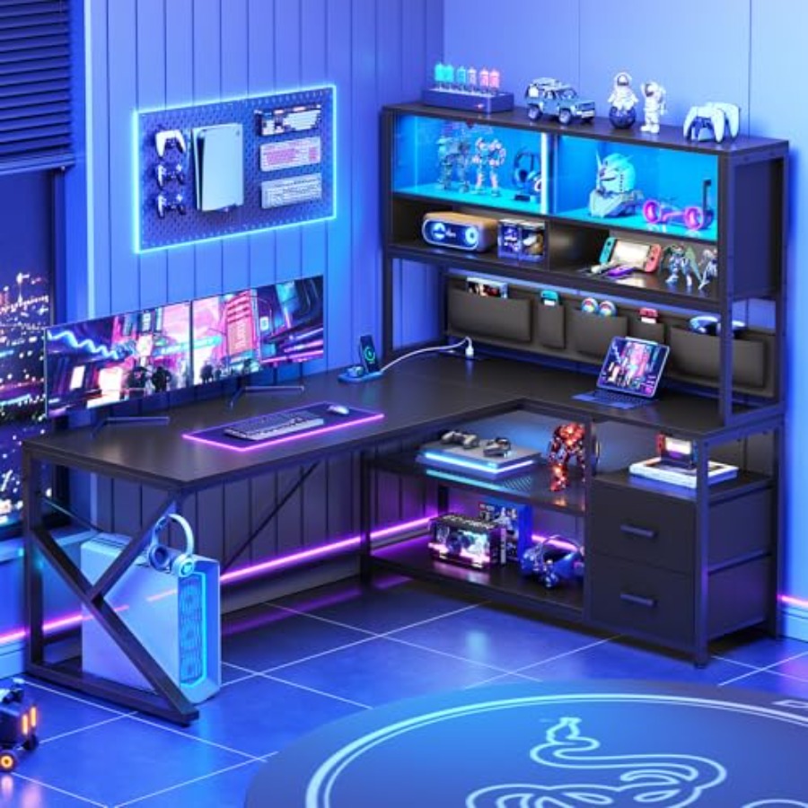 Desk Setup L Shaped - Depolama Raflı, 2 Çekmeceli, Oyun Kurulumu
